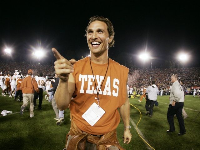 PASADENA, CA - JANUARY 01: Actor Matthew McConaughey celebrates on the field after the Texas Longhorns defeated the Michigan Wolverines in the 91st Rose Bowl Game at the Rose Bowl on January 1, 2005 in Pasadena, California. Texas defeated Michigan 38-37. (Photo by Donald Miralle/Getty Images)