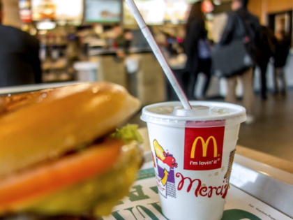A container with a drink is served at the McDonald's fast-food outlet on February 26, 2015