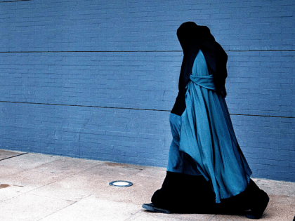 A woman wearing a burqa walks past the Palace of Justice in The Hague on December 1, 2014.