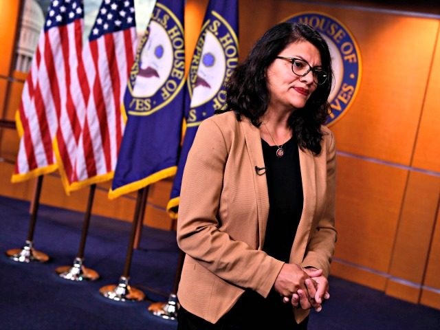 US Representative Rashida Tlaib (D-MI) looks on during an interview after a press conferen