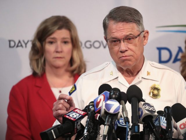 DAYTON, OHIO - AUGUST 05: Dayton Police Chief Richard Biehl, and Dayton Mayor Nan Whaley (L) hold a press conference to update the media about yesterday's mass shooting on August 05, 2019 in Dayton, Ohio. Nine people were killed and another 27 injured when a gunman identified as 24-year-old Connor …