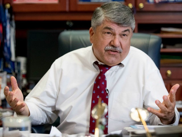 In this Feb. 1, 2016, photo, AFL-CIO President Richard Trumka speaks during an interview with the Associated Press in Washington. Wisconsin Gov. Scott Walker’s crackdown on collective bargaining could serve as a model for President Donald Trump’s plans to overhaul the federal workforce. But any such move by the new …