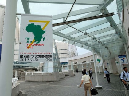 Banners of the Tokyo International Conference on African Development (TICAD) are displayed on a street near the conference hall in Yokohama on August 27, 2019. - Japan hosts development talks with African leaders this week, looking to boost its presence on the continent and offer an alternative to investments by …