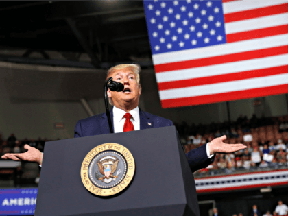 President Donald Trump speaks at a campaign rally, Thursday, Aug. 15, 2019, in Manchester,