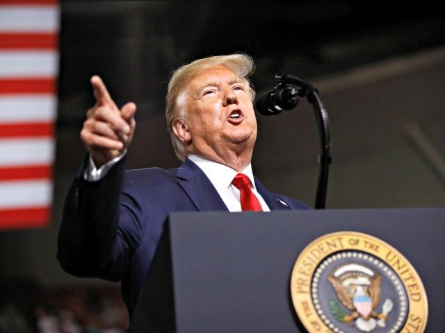 President Donald Trump speaks at a campaign rally, Thursday, Aug. 15, 2019, in Manchester,