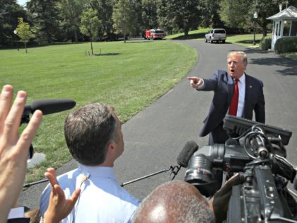 WASHINGTON, DC - AUGUST 21: U.S. President Donald Trump speaks to the media before departing from the White House on August 21, 2019 in Washington, DC. President Trump spoke on several topics including the U.S. economy and why he canceled his trip to Denmark. (Photo by Mark Wilson/Getty Images)