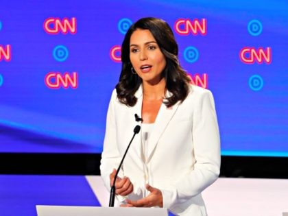 Rep. Tulsi Gabbard, D-Hawaii, speaks during the second of two Democratic presidential primary debates hosted by CNN Wednesday, July 31, 2019, in the Fox Theatre in Detroit. (AP Photo/Paul Sancya)
