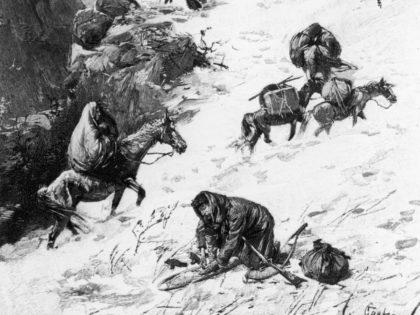 Illustration captioned 'On The Way To The Summit,' depicting the Donner Party, a group of California-bound American emigrants caught up in the 'westering fever' of the 1840s. After becoming snowbound in the Sierra Nevada in the winter of 1846/1847, some of them resorted to cannibalism. USA, circa 1846. (Photo by …