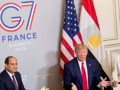 President Donald Trump speaks during a bilateral meeting with Egyptian President Abdel Fattah al-Sissi, left, at the G-7 summit in Biarritz, France, Monday, Aug. 26, 2019. (AP Photo/Andrew Harnik)