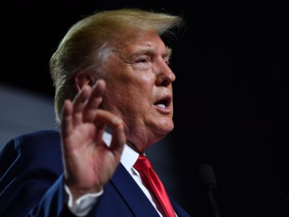 US President Donald Trump gestures during a press conference in Biarritz, south-west Franc