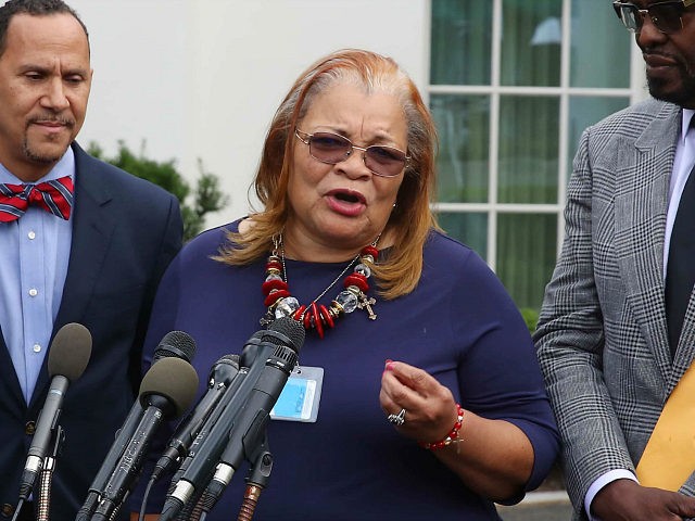 WASHINGTON, DC - JULY 29: Alveda King (2R), niece of Dr. Martin Luther King Jr., speaks to the media following a meeting with U.S. President Donald Trump and other faith-based inner-city leaders at the White House on July 29, 2019 in Washington, DC. U.S. President Donald Trump has again been …