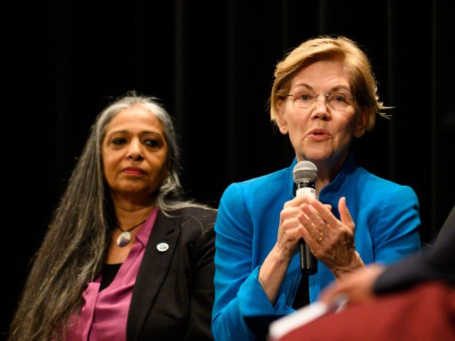SIOUX CITY, IA - AUGUST 19: Democratic presidential candidate Sen. Elizabeth Warren (D-MA) answers questions from a panel member at the Frank LaMere Native American Presidential Forum on August 19, 2019 in Sioux City, Iowa. Warren was introduced by Rep. Deb Haaland (D-NM) who she has co-sponsored legislation with to …