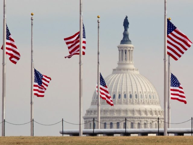 US flags fly at half-staff as tourists take photos at the Washington Monument with the US Captiol seen behind January 10, 2011 in Washington, DC in honor of the six people killed in the shooting in Tucson, Arizona, that also severely wounded Arizona Representative Gabrielle Giffords. AFP Photo/Nicholas Kamm (Photo …
