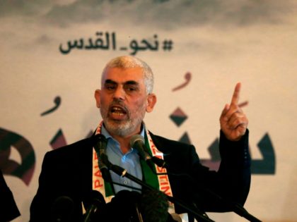 Hamas' leader in the Gaza Strip Yahya Sinwar speaks during a press conference for Quds (Je