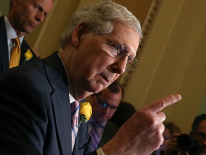 WASHINGTON, DC - JUNE 04: Senate Majority Leader Mitch McConnell (R-KY) speaks to the media after attending the Republican weekly policy luncheon on Capitol Hill June 4, 2019 in Washington, DC. McConnell took questions on various subjects including President Trumps proposed tariffs with Mexico. (Photo by Mark Wilson/Getty Images)