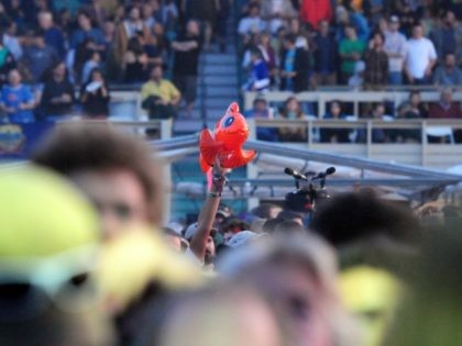An appreciative crowd cheers as Phish performs during their benefit concert at the Champla