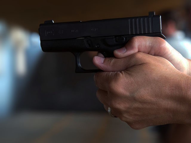 A school teacher takes aim before firing his pistol during the FASTER Level 2 two day fire