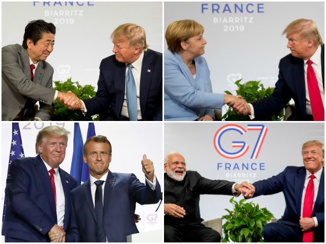 Abe: U.S President Donald Trump and Japanese Prime Minister Shinzo Abe shake hands as they participate in a bilateral meeting at the G-7 summit in Biarritz, France, Sunday, Aug. 25, 2019. (AP Photo/Andrew Harnik) Merkel: U.S. President Donald Trump and German Chancellor Angela Merkel, left, shake hands during a bilateral …