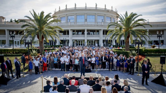 G7 Summit Trump's Doral Donald Trump This photo from Tuesday, Oct. 25, 2016 shows then Republican presidential candidate Donald Trump speaking at a campaign event with employees at Trump National Doral in Miami. President Donald Trump was in full sales mode Monday, Aug. 26, 2019, doing everything but passing out brochures as he touted the features that would make the Doral golf resort the ideal place for the next G7 Summit close to the airport, plenty of hotel rooms, separate buildings for every delegation, even top facilities for the media. (AP Photo/Evan Vucci, File) The Associated Press