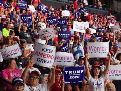 Supporters of US President Donald Trump cheer during a "Keep America Great" campaign rally at the SNHU Arena in Manchester, New Hampshire, on August 15, 2019. (Photo by Nicholas Kamm / AFP) (Photo credit should read NICHOLAS KAMM/AFP/Getty Images)