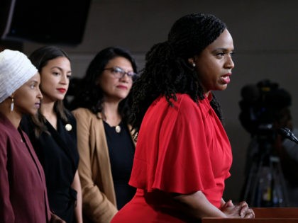 WASHINGTON, DC - JULY 15: U.S. Rep. Ayanna Pressley (D-MA), speaks while Reps. Ilhan Omar (D-MN), Alexandria Ocasio-Cortez (D-NY), and Rashida Tlaib (D-MI) listen during a press conference at the U.S. Capitol on July 15, 2019 in Washington, DC. President Donald Trump stepped up his attacks on four progressive Democratic …