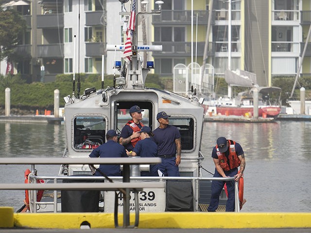 Coast Guard crews leave the U.S. Coast Guard Station Channel Islands in Oxnard, Calif., Mo