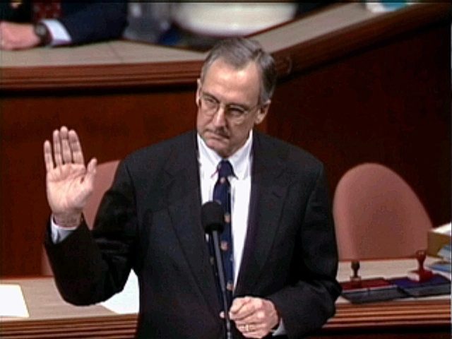 Rep. Bob Livingston, R-La., shown in this television image, acknowledges other members of the House right after calling for President Clinton to resign, and just before announcing his own resignation from Congress, during the House session Saturday, Dec. 19, 1998, in Washington, during debate on the four articles of impeachment against President Clinton. (AP Photo/APTN)