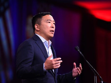 2020 US Democratic Presidential hopeful Andrew US entrepreneur Andrew Yang speaks on-stage