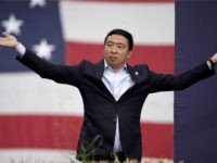 Democratic presidential candidate Andrew Yang speaks at the Polk County Democrats Steak Fry, in Des Moines, Iowa, Saturday, Sept. 21, 2019. (AP Photo/Nati Harnik)