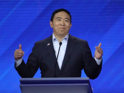 Democratic presidential candidate former tech executive Andrew Yang speaks during the Democratic Presidential Debate at Texas Southern University's Health and PE Center on September 12, 2019 in Houston, Texas. Ten Democratic presidential hopefuls were chosen from the larger field of candidates to participate in the debate hosted by ABC News …