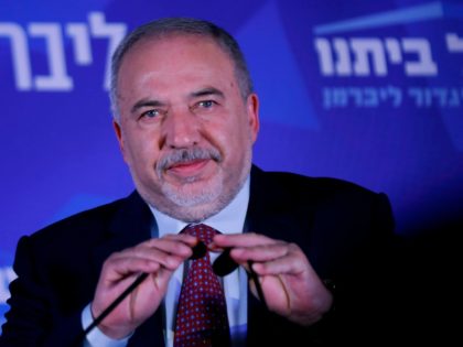 Avigdor Lieberman, leader of the Israeli secular nationalist Yisrael Beiteinu party, gives