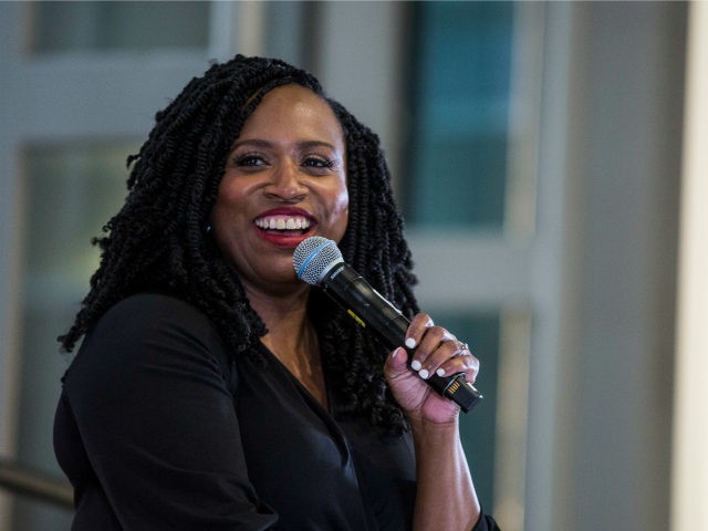 Rep. Ayanna Pressley (D-MA) speaks during a town hall hosted by the NAACP on September 11,