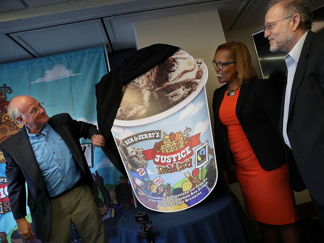 WASHINGTON, DC - SEPTEMBER 03: Ben & Jerry's co-founders Ben Cohen (L) and Jerry Greenfield (R) announce a new flavor, Justice Remix'd, during a press conference with Advancement Project executive director Judith Dianis (C) September 03, 2019 in Washington, DC. Ben & Jerry's launched the new flavor in conjunction with the civil rights organization, Advancement Project, to "spotlight structural racism in a broken criminal legal system". (Photo by Win McNamee/Getty Images)