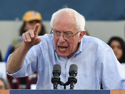 2020 Democratic presidential hopeful Vermont US Senator Bernie Sanders talks to a crowd of