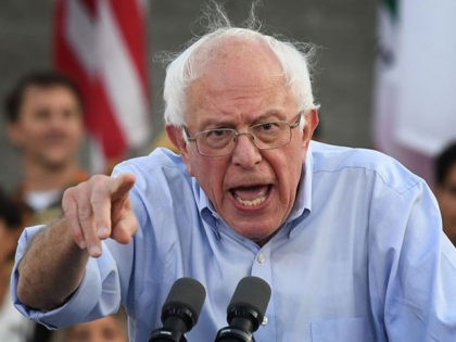 2020 Democratic presidential hopeful Vermont US Senator Bernie Sanders talks to a crowd of