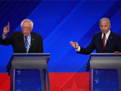 Democratic presidential hopefuls Vermont Senator Bernie Sanders (L) and Former Vice President Joe Biden participate in the third Democratic primary debate of the 2020 presidential campaign season hosted by ABC News in partnership with Univision at Texas Southern University in Houston, Texas on September 12, 2019. (Photo by Robyn BECK …