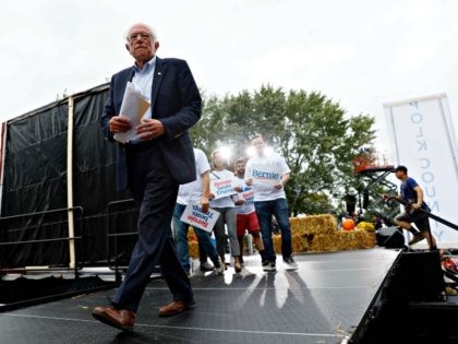 Democratic presidential candidate Sen. Bernie Sanders walks off stage after speaking at th