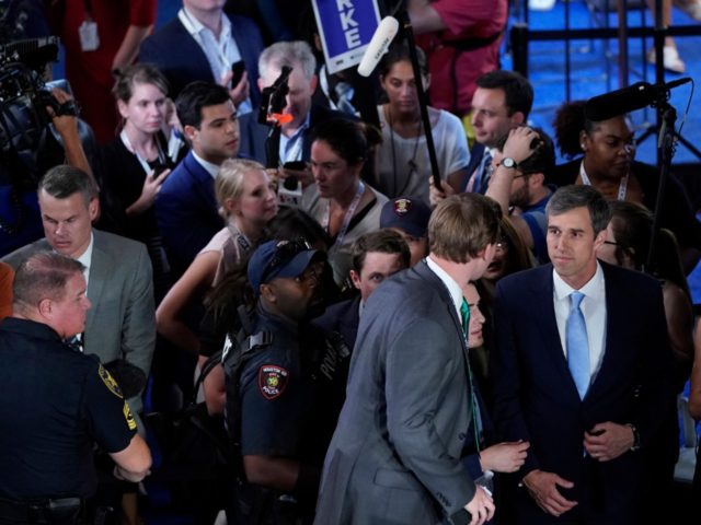 Democratic presidential candidate former Texas Rep. Beto O'Rourke enters the spin room Thursday, Sept. 12, 2019, after a Democratic presidential primary debate hosted by ABC at Texas Southern University in Houston. (AP Photo/David J. Phillip)