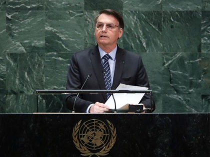 NEW YORK, NY - SEPTEMBER 24: President of Brazil Jair Messias Bolsonaro addresses the United Nations General Assembly at UN headquarters on September 24, 2019 in New York City. World leaders from across the globe are gathered at the 74th session of the UN General Assembly, amid crises ranging from …