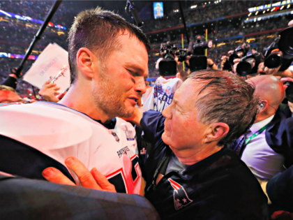 ATLANTA, GA - FEBRUARY 03: Tom Brady #12 of the New England Patriots talks to head coach B
