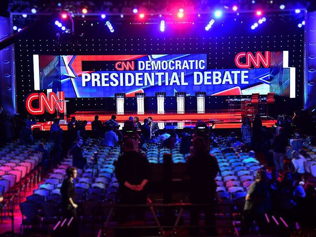 Members of the media are given a preview of the debate hall at the Wynn Hotel in Las Vegas