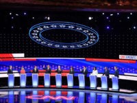 Democratic presidential hopefuls (L-R) US Senator from Colorado Michael Bennet, US Senator from New York Kirsten Gillibrand, former US Secretary of Housing and Urban Development Julian Castro, US Senator from New Jersey Cory Booker, former Vice President Joe Biden, US Senator from California Kamala Harris, US entrepreneur Andrew Yang, US …
