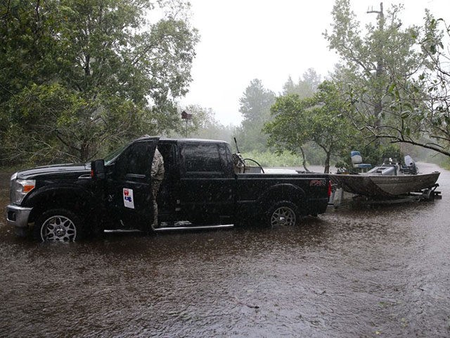 The Cajun Navy resue team patrols flood waters in Lumberton, North Carolina, on September