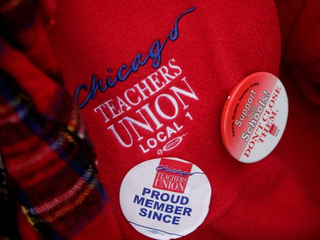 CHICAGO, ILLINOIS - APRIL 01: A Chicago teacher picketing during a one-day strike wears a