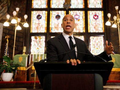 Democratic presidential candidate Cory Booker speaks about gun control at Mother Emanuel AME Church Wednesday, August 7, 2019, in Charleston, S.C. (AP Photo/Mic Smith)