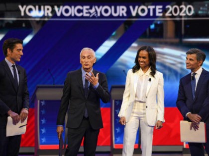 Moderators (L-R) ABC journalist David Muir, US-Mexican journalist Jorge Ramos, Newscaster Linsey Davis and Former White House Communications Director George Stephanopoulos arrive on stage for the third Democratic primary debate of the 2020 presidential campaign season hosted by ABC News in partnership with Univision at Texas Southern University in Houston, …