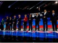 From left, Democratic presidential candidates Sen. Amy Klobuchar, D-Minn., Sen. Cory Booker, D-N.J., South Bend Mayor Pete Buttigieg, Sen. Bernie Sanders, I-Vt., former Vice President Joe Biden, Sen. Elizabeth Warren, D-Mass., Sen. Kamala Harris, D-Calif., entrepreneur Andrew Yang, former Texas Rep. Beto O'Rourke and former Housing Secretary Julian Castro are …