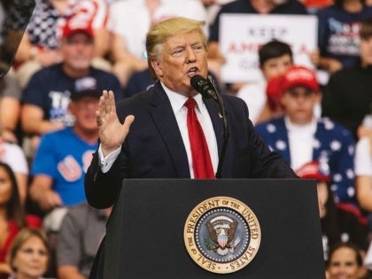 CINCINNATI, OH - AUGUST 01: President Donald Trump speaks at a campaign rally at U.S. Bank Arena on August 1, 2019 in Cincinnati, Ohio. The president was critical of his Democratic rivals, condemning what he called "wasted money" that has contributed to blight in inner cities run by Democrats, according …