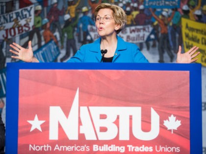 Sen. Elizabeth Warren (D-MA) speaks during the North American Building Trades Unions Conference at the Washington Hilton April 10, 2019 in Washington, DC. Many Democrat presidential hopefuls attended the conference in hopes of drawing the labor vote. (Photo by Zach Gibson/Getty Images)