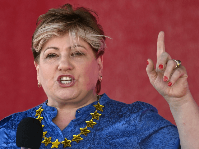 Britain's opposition Labour Party Shadow Foreign Secretary Emily Thornberry, wearing an EU